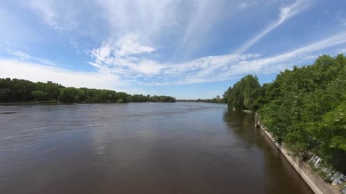 Timelapse (Time lapse) view of river trees and beautiful blue sky and clouds, in natural park, beaut