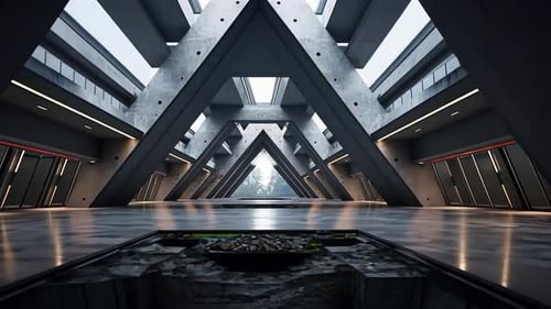 Modern, triangular concrete interior, reflecting pool