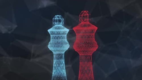 Futuristic Wireframe Chess Pieces Confrontation Digital Background