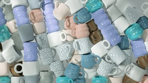 Closeup of Stacked 3D Coffee Mugs with Crackle Glaze Texture