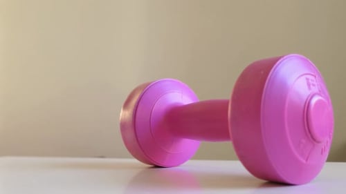 Woman starting fitness exercise, grabbing hand weight, close up