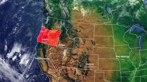 Animated USA Map Zooming to Oregon with State Borders and City Labels