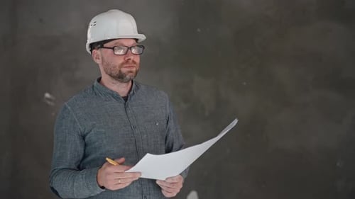 Eine Person in einem Helm hält Papier und Stift zum Handschreiben in einem Schutzhelm