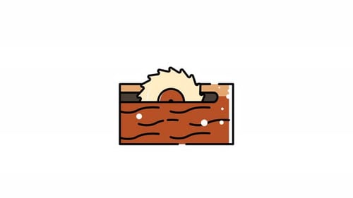animation of Circular saw is cutting a piece of wood.