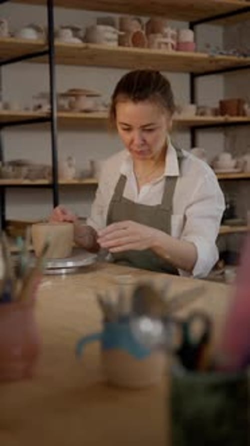 A Woman is Working on a Pottery Project in a Studio