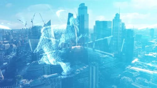 Futuristic City Skyline with Digital Human Overlay