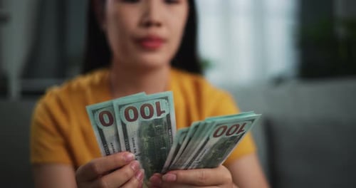 Woman Counts Money At Home, Indoor Daylight