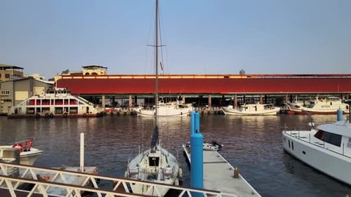 Passenger boats docked in a harbor