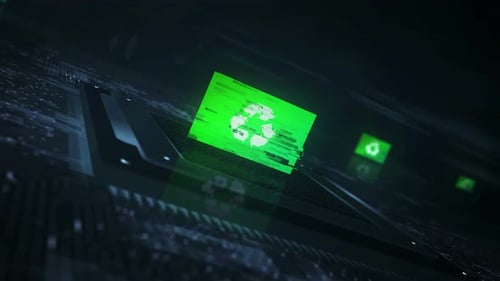 Futuristic Glitch Reveal of Recycling Icon and Text