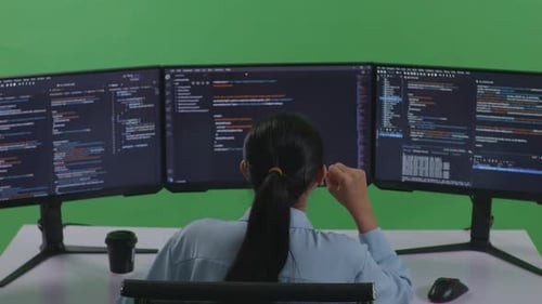 Tired Asian Woman Yawning While Write Code With Multiple Computer Screens In Green Screen