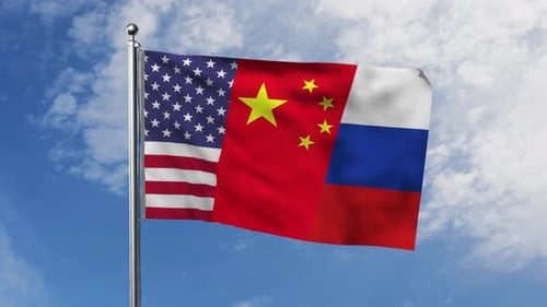 United States China and Russia Flags Waving