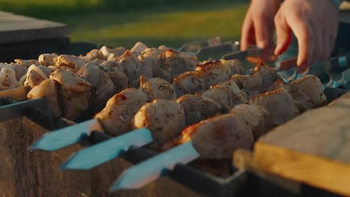 Meat Cooking on Skewers on a Grill