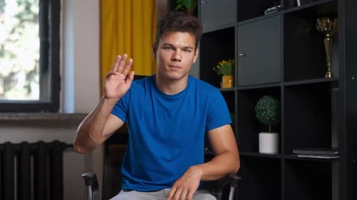 Man College Student Studying at Home Pov Sitting on Chair Listening Watching Lesson Online on Pc