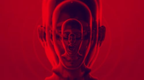 Abstract Red Repeating Human Head Forms Loop Background