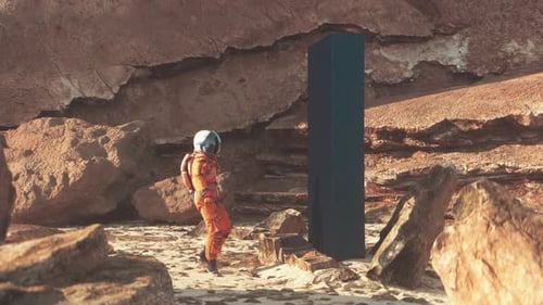 3D-Astronaut beobachtet eine schwarze Säule auf der Marsoberfläche Quelle 2425325