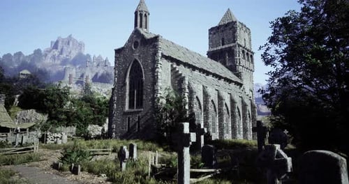 Ruins of Historical Church Surrounded By Ancient Graves in a Serene Landscape