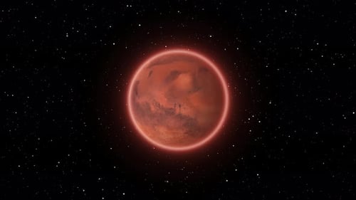 Rotating Red Planet with Glowing Outline in Starry Space