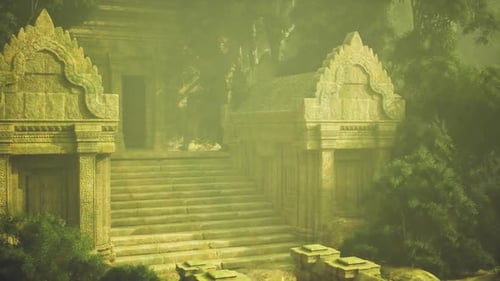Escaliers du temple envahis par la végétation avec balustrades lisses et lumière naturelle tamisée
