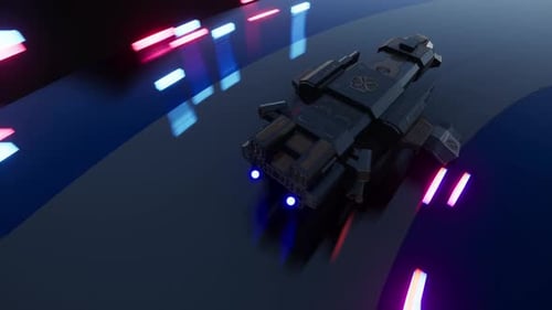 un vaisseau spatial passe sur Neon Highway, rendu 3D