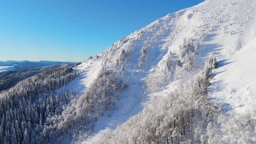 Aerial View of Snowy Mountain Slope and Frozen Forest Under Blue Sky Europe