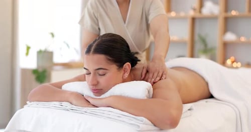 Relax woman, spa back massage and luxury wellness for zen therapy, beauty and rich skincare