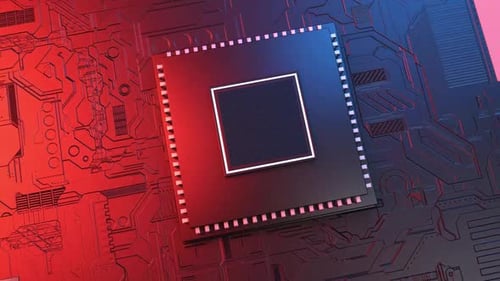 Modern Authentic Robot Arm Holding Contemporary Super Computer Processor Moving into Focus.