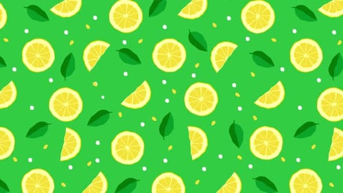 Flat Design Animated Lemon and Leaves Seamless Pattern