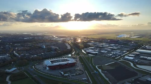 Aerial view of Stadium of soccer club "AZ" Alkmaar during sunrise, Netherlands