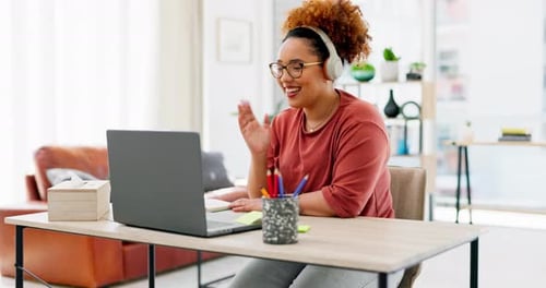 Laptop, wave and woman on video call with headphones in home office for online meeting