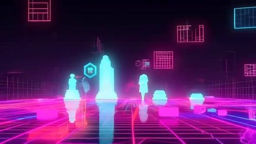 Un paysage de grille de néons futuriste captivant qui met en évidence divers éléments numériques