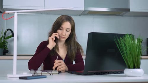 Woman Talking on Phone at Desk with Laptop