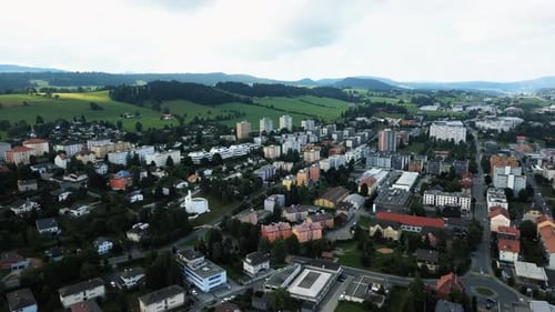 Aerial view of buildings and landscape, Switzerland.