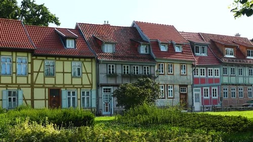 Residential buildings of medieval city in Europe. Traditional architecture half-timbered houses.