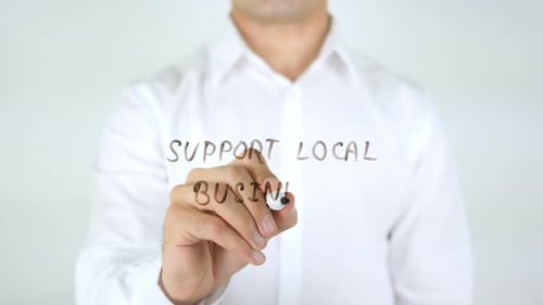 Support Local Business, Man Writing on Glass