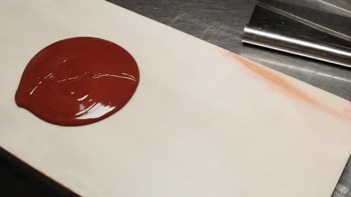Spreading Melted Chocolate in Professional Culinary Setting
