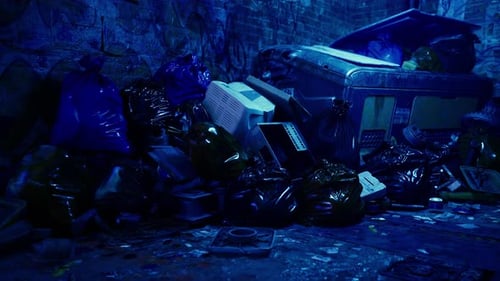 A Pile of Trash Sitting Next to a Brick Wall