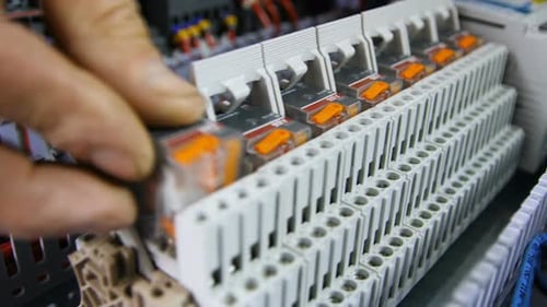 Worker Installs Electric Lever on Switchboard