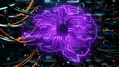 AI Brain Circuit Board on Server Racks