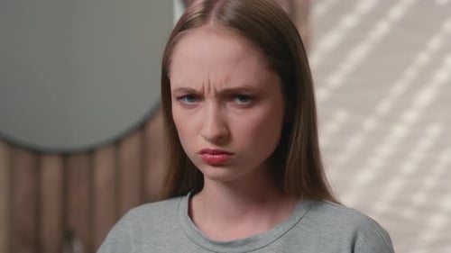Caucasian Woman Offended Female Sad Upset Displeased Angry Frowning Face Girl Teenager Looking at