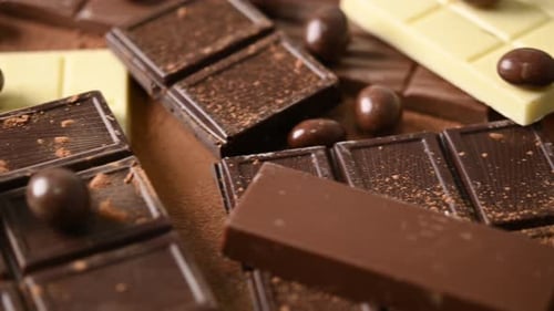 Assortment of white, milk and dark chocolate pieces background