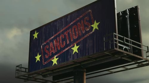 Grunge Billboard Reveals Sanctions Message with EU Flag