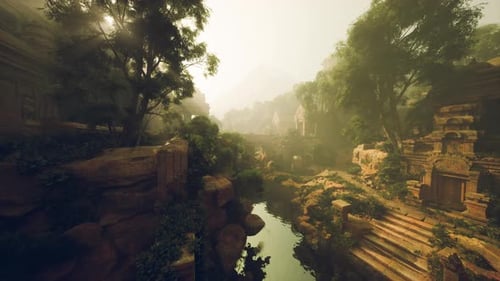 Cinematic Sunlit Jungle Canyon with Temple Ruins at Golden Hour