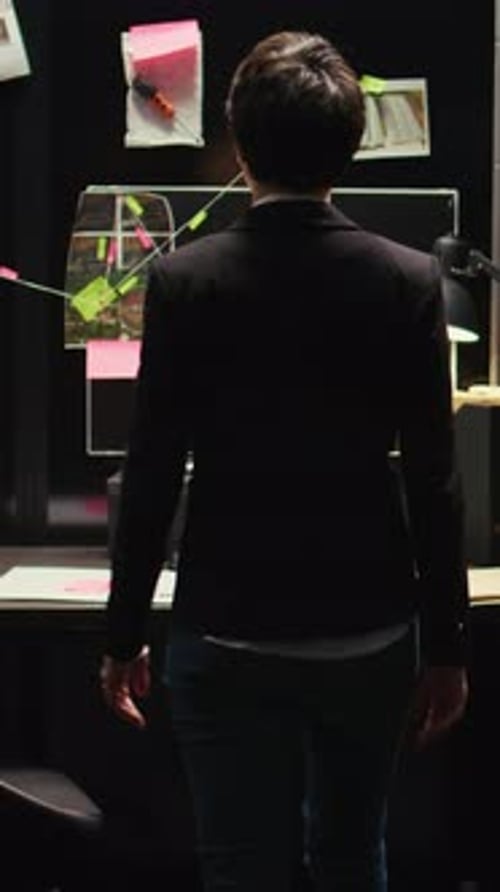 Detective Reviewing Evidence Board in Office