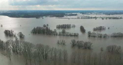 Aerial view of high water of river Waal, Opijnen, Gelderland, Netherlands.