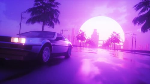 Riding Car On Endless Road With Cityscape View Synth Wave Looped Backdrop