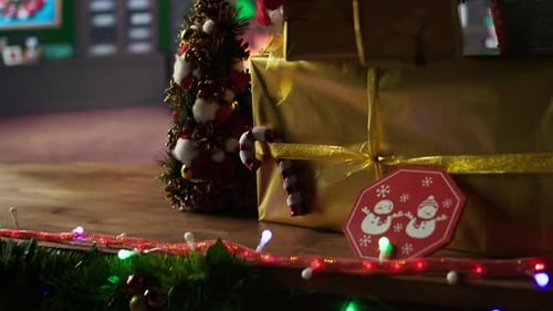 Empty North Pole Cabin Decorated with Festive Objects and Ornaments