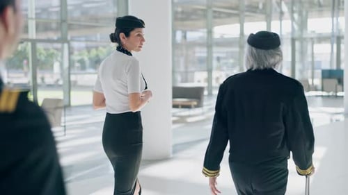 Travel, pilot and journey with people in airport for flight, transportation and teamwork