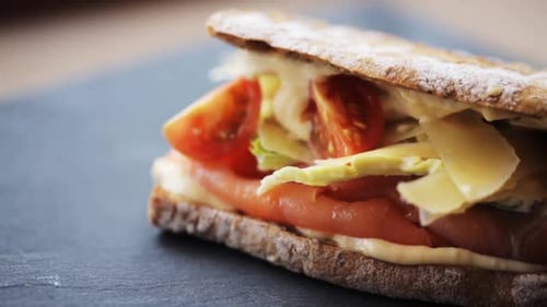 Delicious Smoked Salmon Sandwich Close Up Food Shot