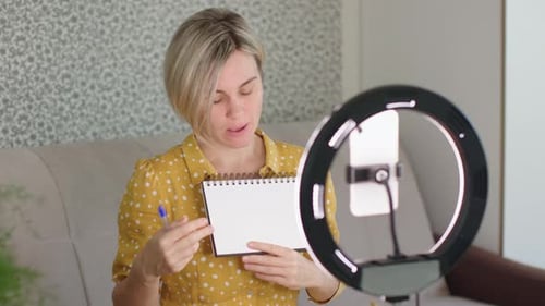 Female Teacher Coach Tutor Blogger Recording Educational Blog Training Webinar