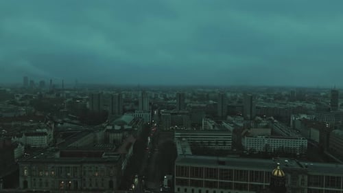 Aerial view revealing Berlin city center at dusk